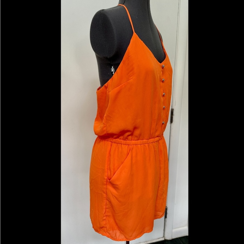 SEXY XOXO ORANGE SILKY CHIFFON SHORTS ROMPER HALTER SPAGHETTI STRAPS BEADED L - Picture 4 of 9